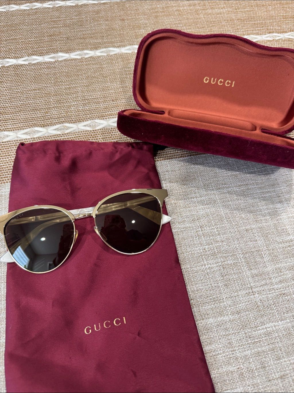 Gucci Gold Metal Frame Sunglasses With Black Lenses And Burgundy Case